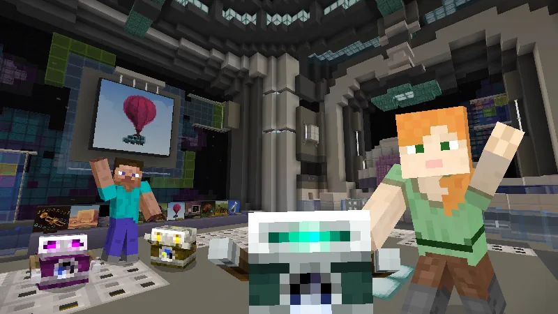 ילדים בעולם Minecraft Education — מעבדת טכנולוגיה עם רובוטים ומסכים